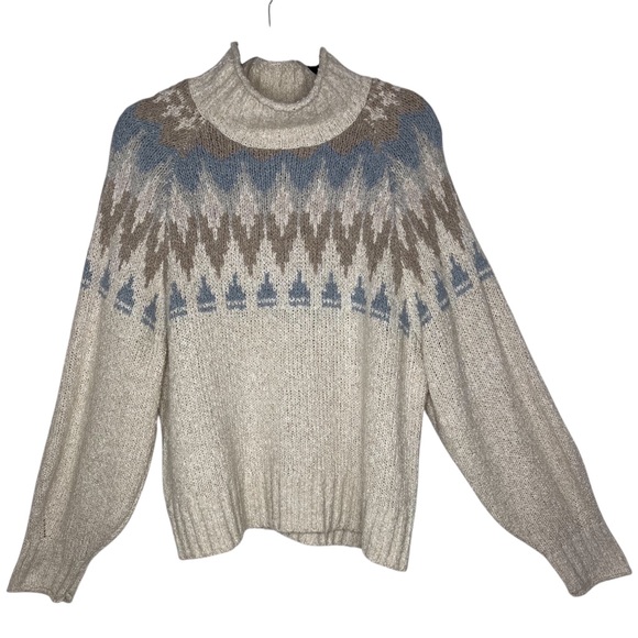 American Eagle Fair Isle Cream Blue Turtleneck Knit Sweater Cozy Winter Size Lg - Picture 2 of 13